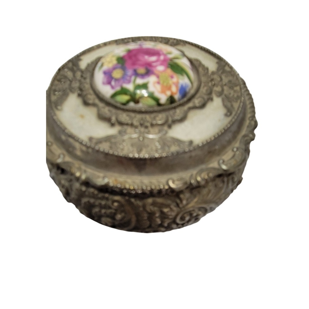 Vintage Ornate Metal Trinket Box Floral Porcelain Inlay Red Velvet Lining Japan